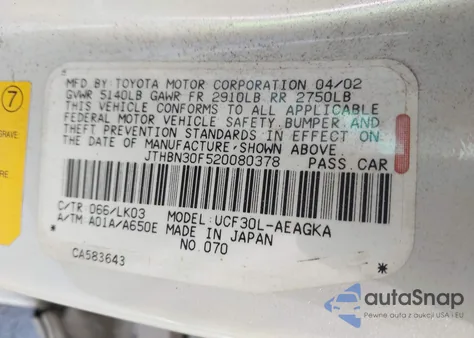 2002 Lexus Ls 430 z USA, uszkodzony, nr VIN JTHBN30F520080378